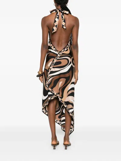 Pucci Marmo Asymmetric Printed Silk-twill Halterneck Dress In Multi