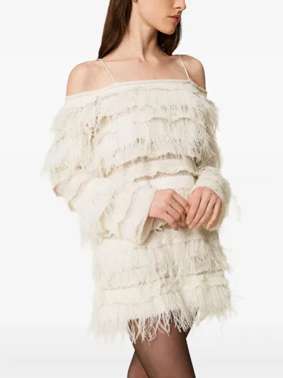 Twinset Off-shoulder Feather-detail Dress In White