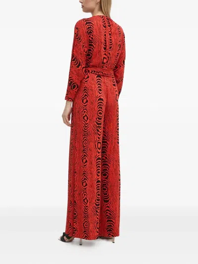 Diane Von Furstenberg Aurelia Wide-leg Deep V-neck Jumpsuit In Wood Grain Red