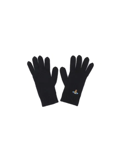 Vivienne Westwood Black Gloves With Orb Logo Embroidered On The Front In Wool Blend Unisex In Black