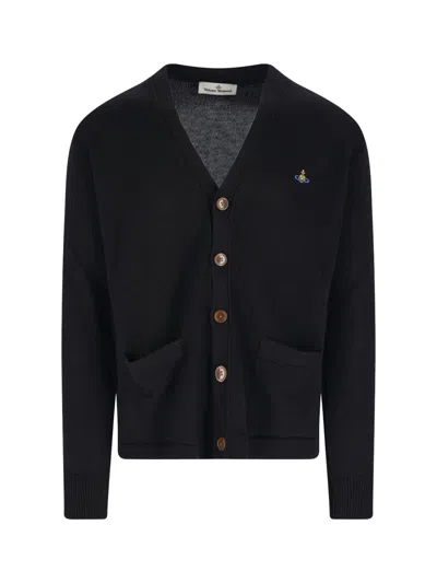 Vivienne Westwood Black V Neck Cardigan With Orb Embroidery In Cotton And Cashmere In Black