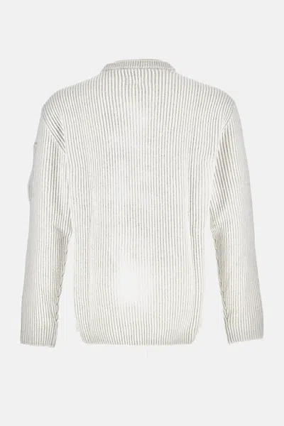 C.p. Company Round Neck Fleece Knit Sweater In White