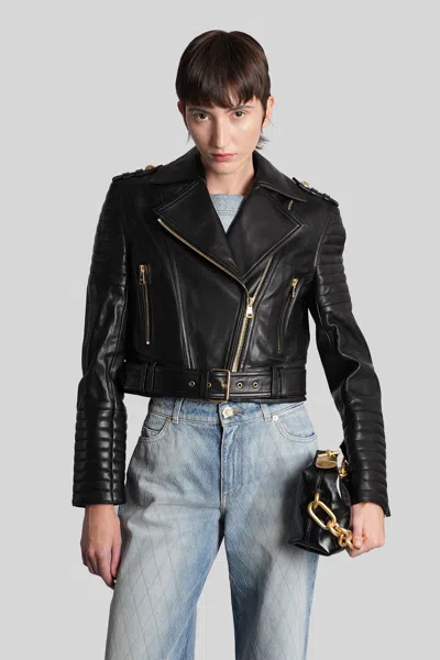 Balmain Cropped Leather Biker Jacket In Black
