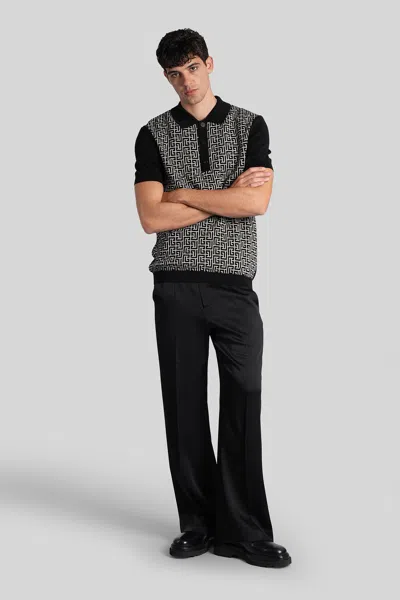 Balmain Wool And Linen Polo Shirt With Monogram Motif In Black