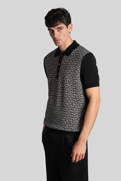 Balmain Wool And Linen Polo Shirt With Monogram Motif In Black