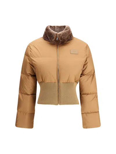 Fendi Short Padded Down Jacket With Shearling Collar Clothing In Brown
