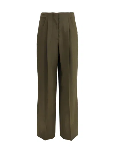 Fendi Women Green Pants With Front Pences And Wide Leg In Wool Woman In Multi