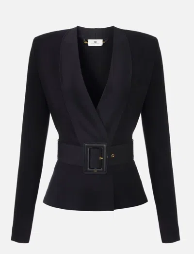 Elisabetta Franchi Black Belted Knitted Jacket In Multi