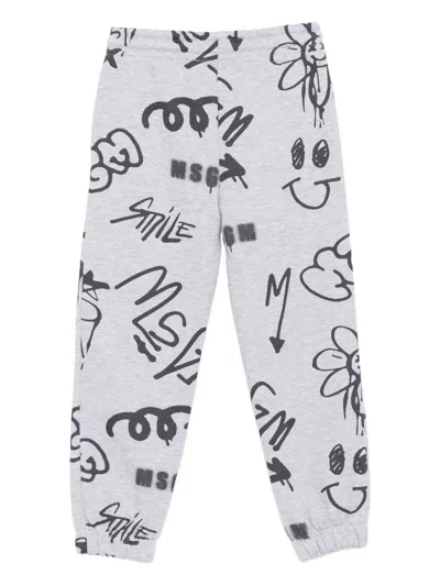 Msgm Graffiti-print Drawstring Trousers In Gray