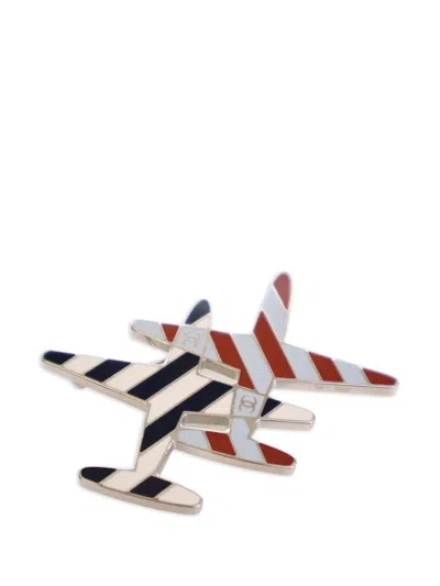 Pre-owned Chanel 2016 Enamel Cc Striped Airplane Brooch Costume Brooch In White