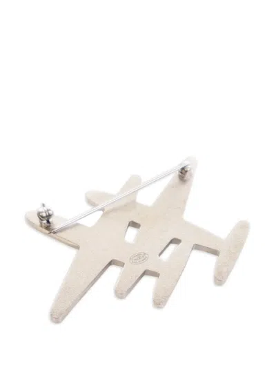 Pre-owned Chanel 2016 Enamel Cc Striped Airplane Brooch Costume Brooch In White