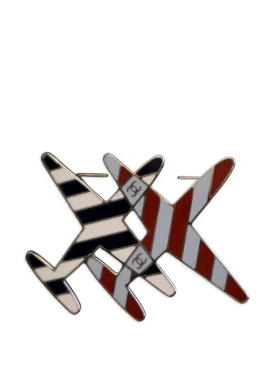 Pre-owned Chanel 2016 Enamel Cc Striped Airplane Brooch Costume Brooch In White