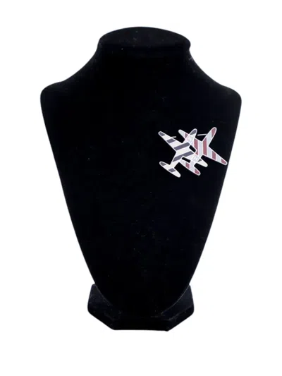 Pre-owned Chanel 2016 Enamel Cc Striped Airplane Brooch Costume Brooch In White