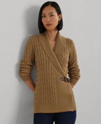 Ralph Lauren Lauren  Cable Stitch Cotton Wrap Cardigan In Brown