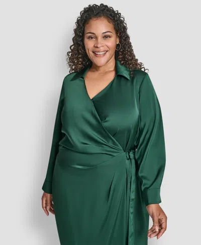 Dkny Plus Size Long Sleeve Surplice O-ring Midi Dress In Green