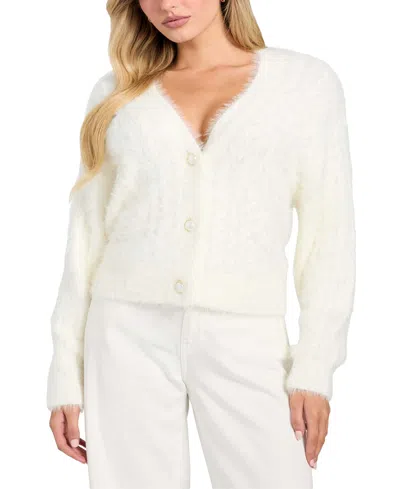 Guess Kinako Pearly Button Fuzzy Cardigan In White