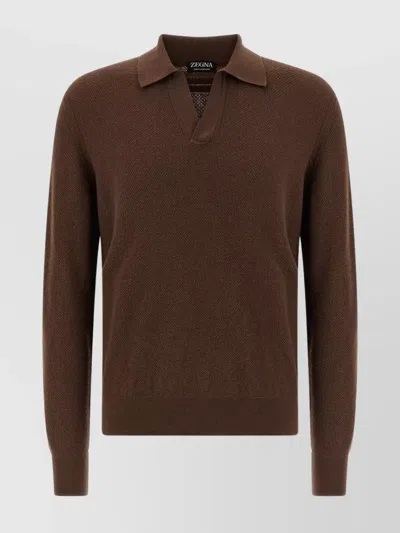 Zegna Cashmere Jacquard Long Sleeve Polo In Brown