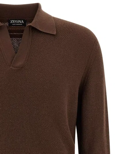 Zegna Cashmere Jacquard Long Sleeve Polo In Brown
