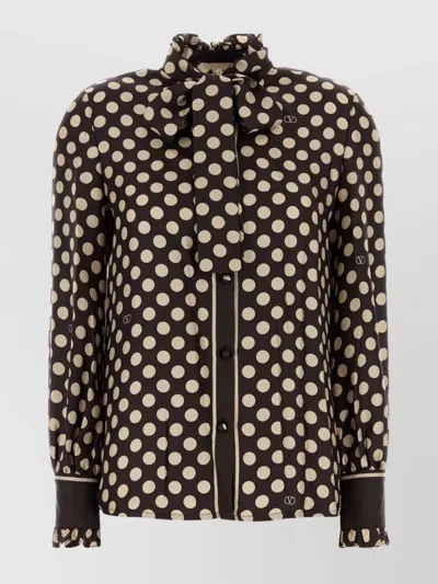 Valentino Twill Shirt With Bow And Ruffled Collar In Brown