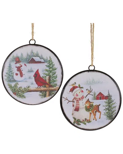 Melrose International Set Of 12 Woodland Snowman Disc Ornament In White