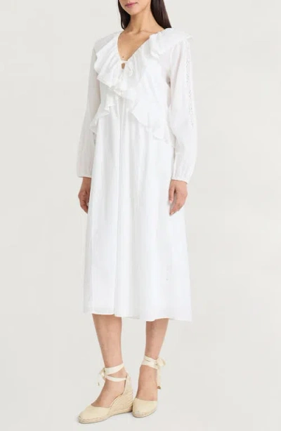 The Good Journey Ruffle Long Sleeve Midi Dress In White