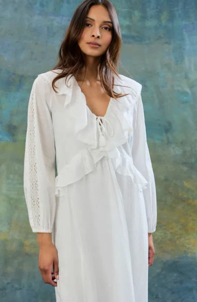 The Good Journey Ruffle Long Sleeve Midi Dress In White