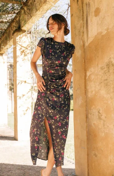 Petal And Pup Petal & Pup Lisbeth Floral Cap Sleeve Satin Midi Dress In Purple