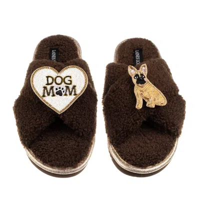 Laines London Women's Brown / Neutrals Boucle Slippers With Dog Mum/mom & Fawn Sitting French Bulldog Brooches - C In Brown