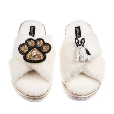Laines London Women's Neutrals / White Boucle Slippers With Paw & Black & White Sitting French Bulldog Brooches -  In White