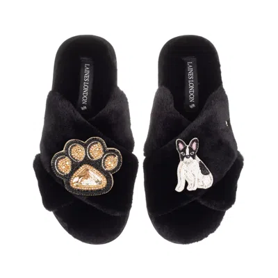 Laines London Women's Classic Laines Slippers With Paw & Black & White Sitting French Bulldog Brooches - Black In Black