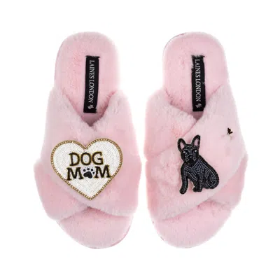 Laines London Women's Classic Slippers With Dog Mum/mom & Black Sitting French Bulldog Brooches - Pink In Pink