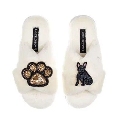 Laines London Women's Neutrals / White Classic Laines Slippers With Paw & Black Sitting French Bulldog Brooches -  In White