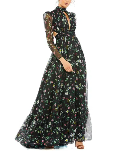 Mac Duggal Floral Chiffon High-neck Gown With Sheer Puff Sleeves And Lace-up Cutouts In Multi
