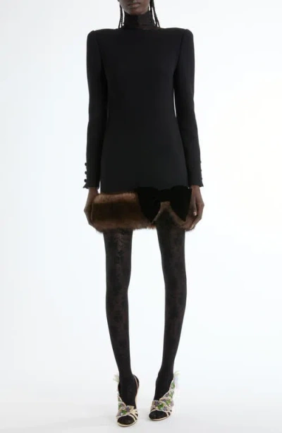 Valentino Long Sleeve Wool Crepe Minidress With Genuine Shearling Trim In Black