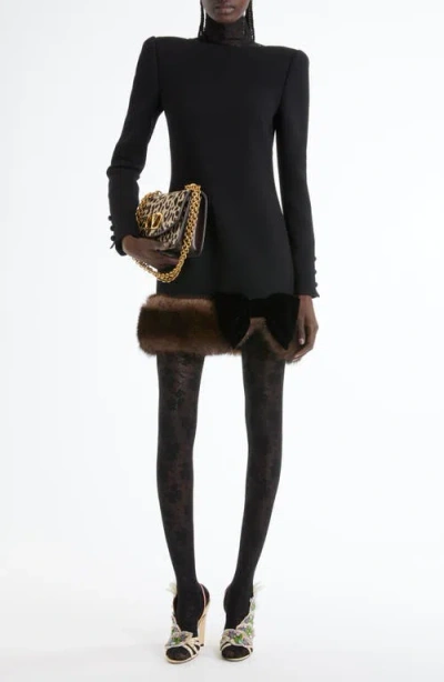 Valentino Long Sleeve Wool Crepe Minidress With Genuine Shearling Trim In Black