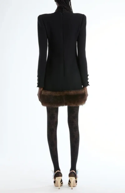 Valentino Long Sleeve Wool Crepe Minidress With Genuine Shearling Trim In Black