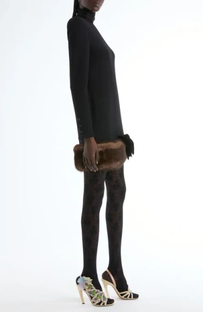 Valentino Long Sleeve Wool Crepe Minidress With Genuine Shearling Trim In Black