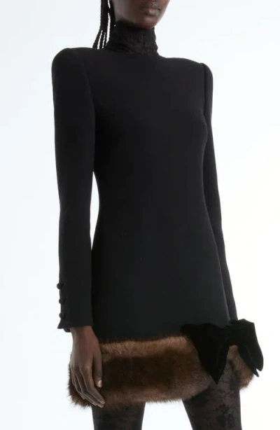 Valentino Long Sleeve Wool Crepe Minidress With Genuine Shearling Trim In Black