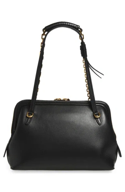 Etro Black Shoulder Bag With Chain-link Shoulder Strap And Tag With Embossed Logo On The Front In Leather
