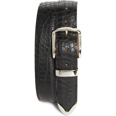 Noah Croc Embossed Metal Tip Leather Belt In Black