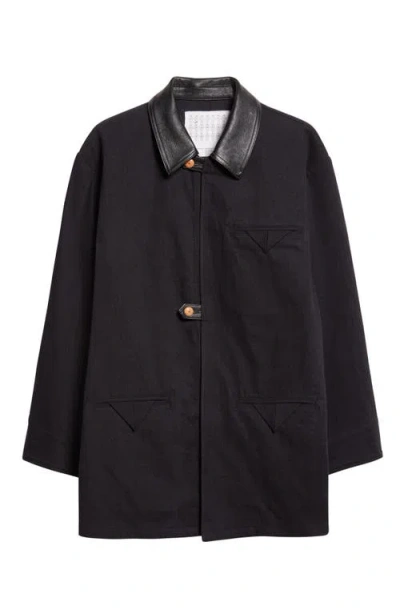 Kuro Leather Collar Denim Coat In Black