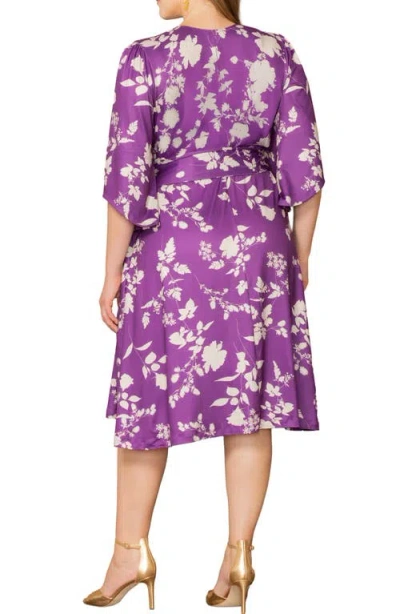 Kiyonna Gemini Floral Bell Sleeve Wrap Dress In Purple