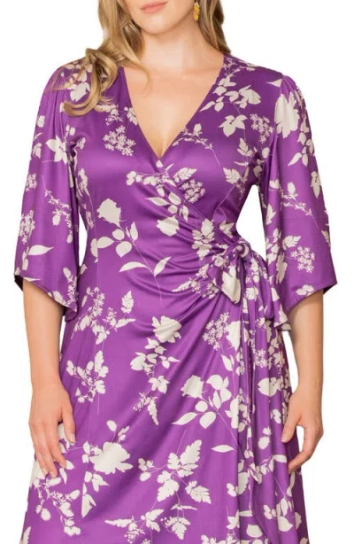 Kiyonna Gemini Floral Bell Sleeve Wrap Dress In Purple