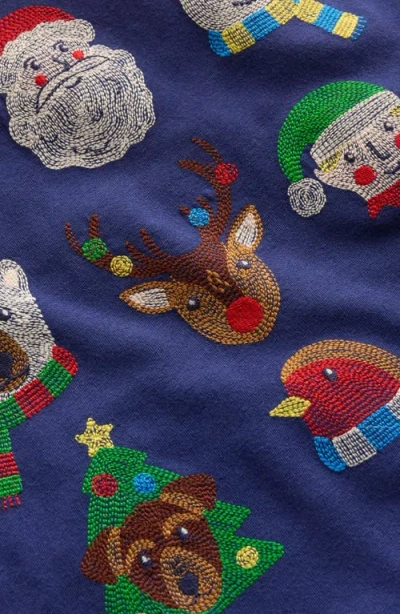 Mini Boden Kids' Embroidered Christmas Characters Long Sleeve Cotton T-shirt In Blue