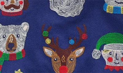 Mini Boden Kids' Embroidered Christmas Characters Long Sleeve Cotton T-shirt In Blue