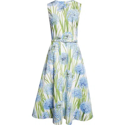 Oscar De La Renta Alliums Poplin Sleeveless Belted Midi Dress In Blue