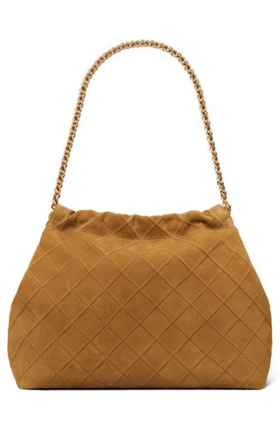 Tory Burch Fleming Soft Quilted Suede Hobo Bag In Brown