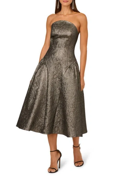 Adrianna Papell Metallic Jacquard Strapless Midi Dress In Silver