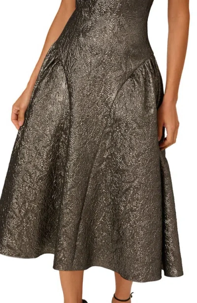 Adrianna Papell Metallic Jacquard Strapless Midi Dress In Silver