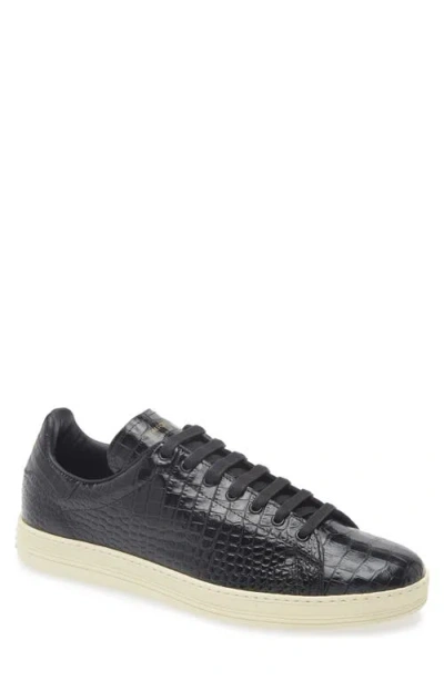 Tom Ford Textured Crocodile Pattern Sneakers With Rubber Sole In Black